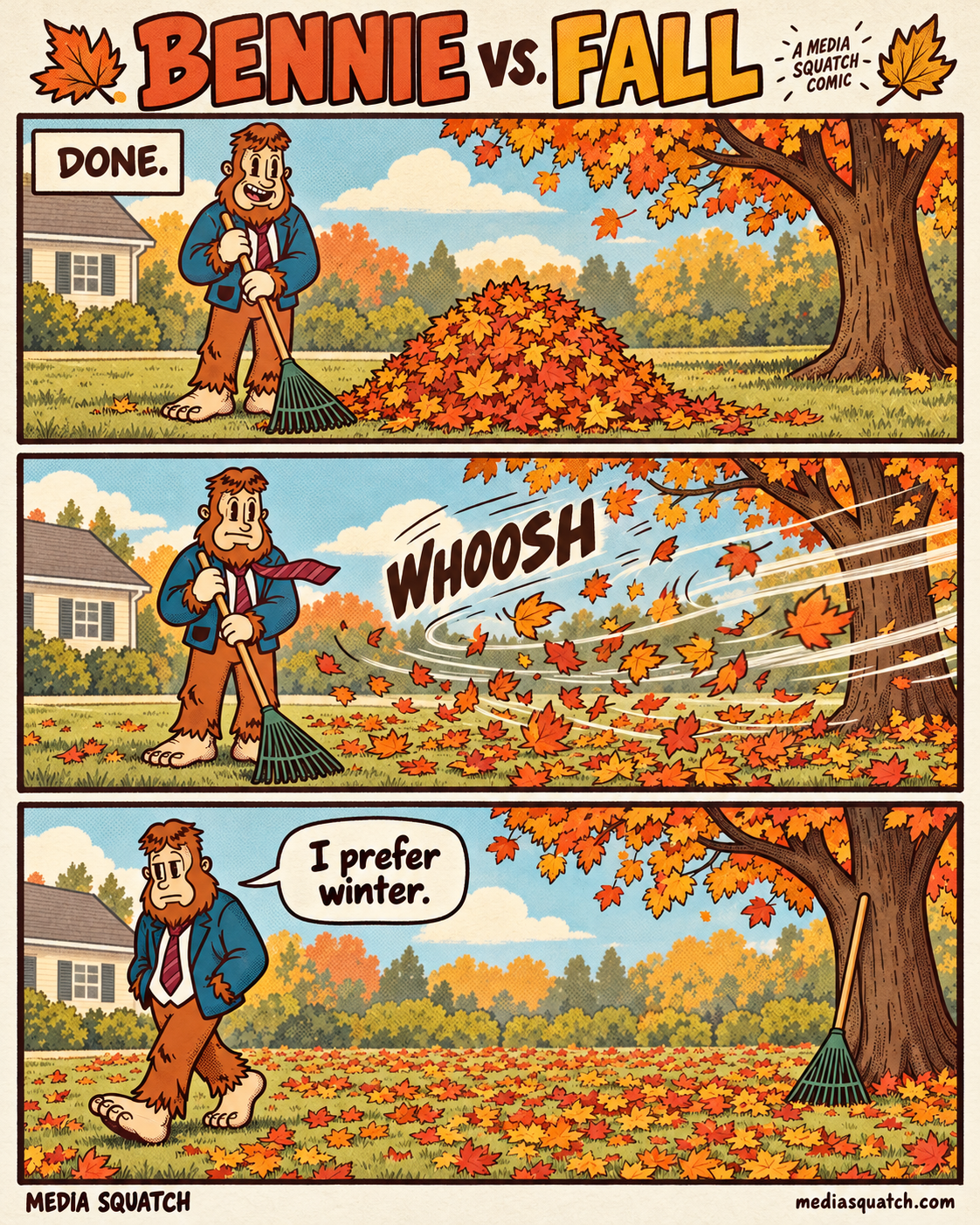 Bennie vs. Fall: Bennie finishes raking a pile of leaves. “DONE.” A gust scatters the pile. “WHOOSH.” He walks away. “I prefer winter.”